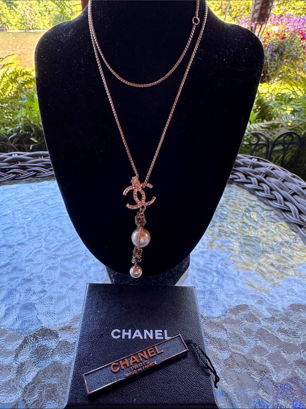 CHANEL Rose Gold CC Logo Adjustable Pendant Necklace with Pearl Drops 15” apprx